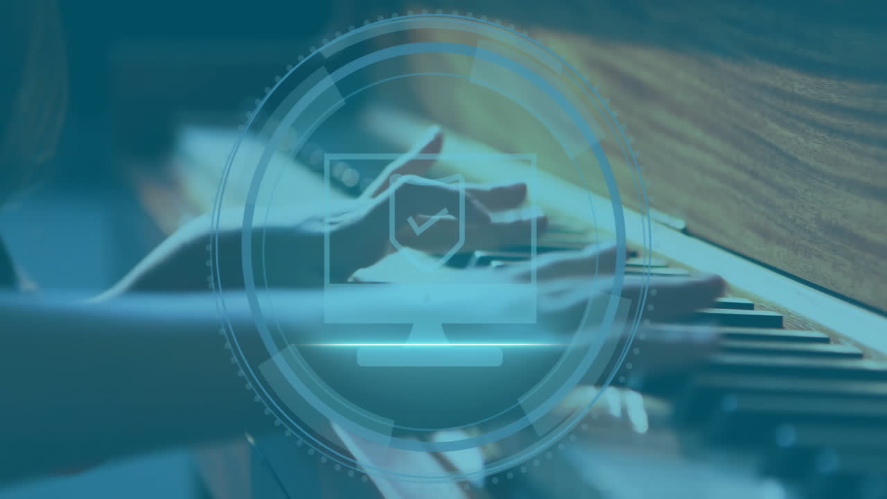 Playing piano, hands interacting with digital interface overlay in school setting