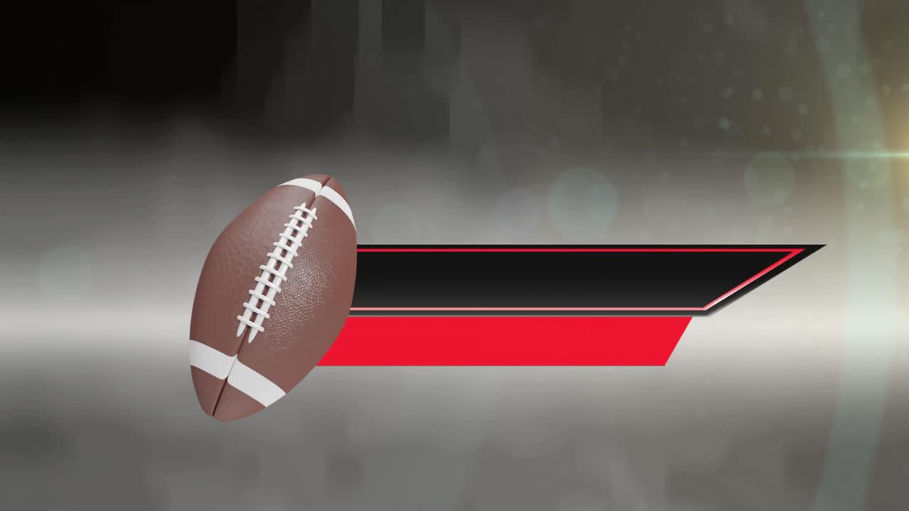 Animazione di un pallone da football americano in movimento con striscioni neri e rossi su sfondo grigio screziato.