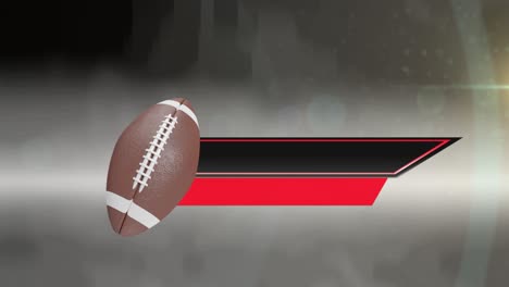 animation of american football ball moving with black and red banners on mottled grey background