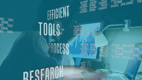 Animation of data processing over businesswoman using laptop