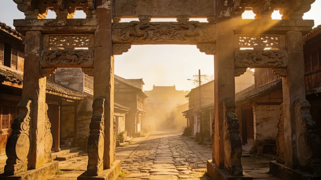 Moving camera framing carved gateway, dollying through arch onto worn street and revealing sunbeams