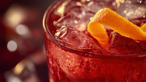 close up of a red cocktail with ice and orange peel