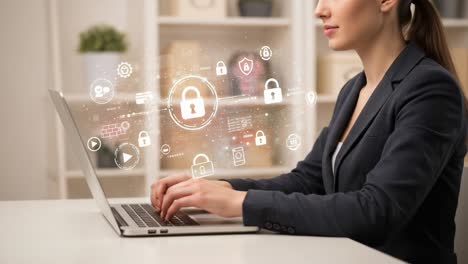 A Professional Woman Engaged in Cybersecurity Practices, Utilizing Technology to Protect Information through Digital Lock Symbols and Secure Interfaces