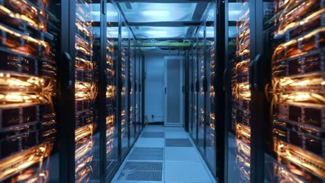 Strolling through a contemporary data center filled with illuminated server racks. The atmosphere is vibrant with technology, showcasing cutting-edge equipment and efficient organization.