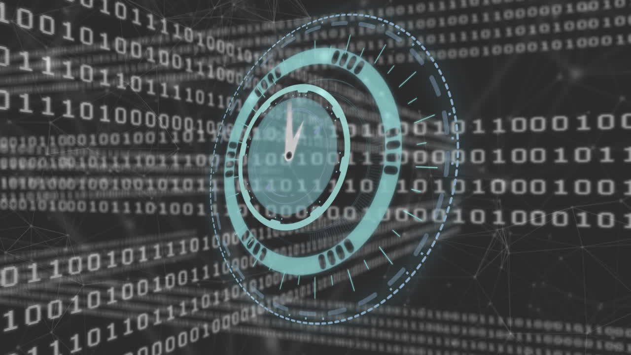 animación de reloj moviéndose rápidamente con redes a través de codificación binaria