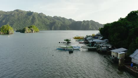 Aerial-Over-Moored-Banca-Boats-At-Coron-Islands-In-Philippines