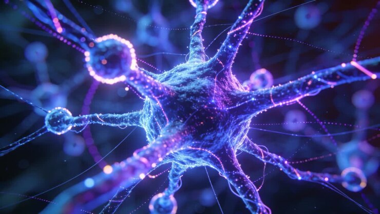 Pushing camera, neuron soma pulsing dots along branches toward tips, showing detail in neural field