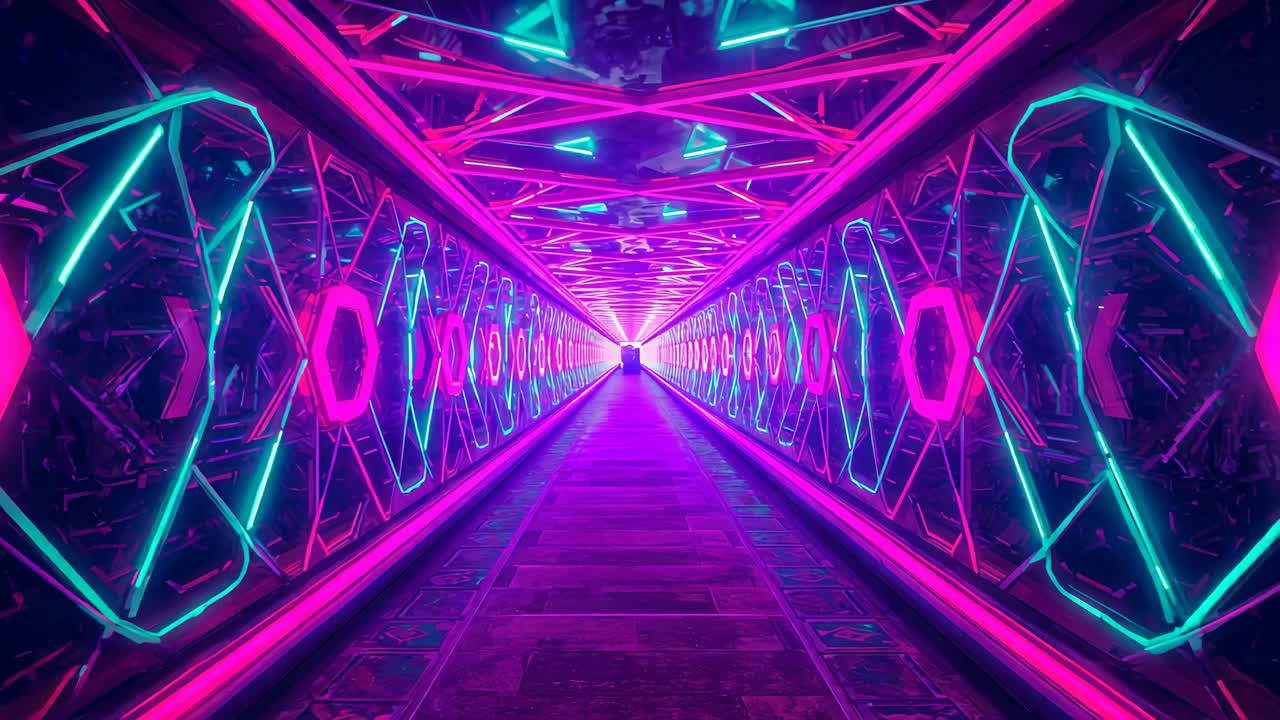 Gliding camera approaching neon tunnel in art set toward glowing exit, showing hexagonal frames