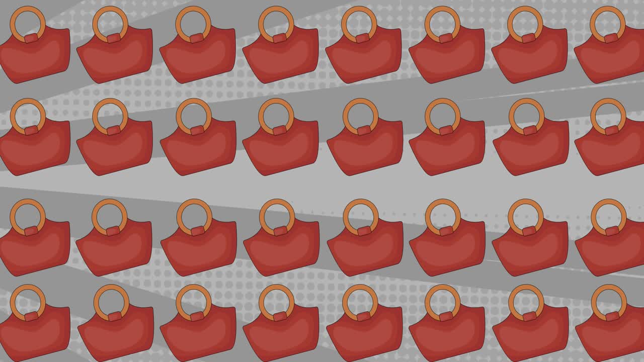 분홍색 토트  ⁇ 드백의 애니메이션이 반복되고 회전하는 회색 줄무 ⁇  배경 위에 움직입니다.