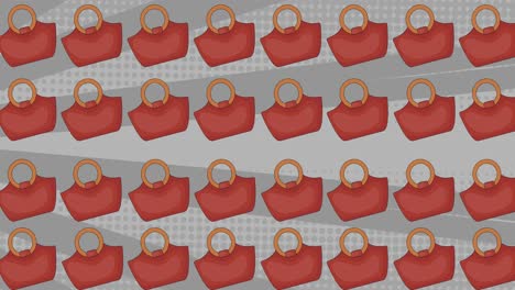 animación de bolsos de mano rosados repetidos y en movimiento sobre un fondo de rayas grises giratorias
