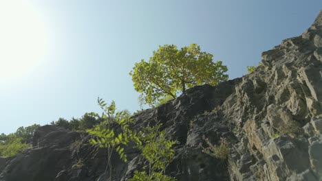 Aerial-elevating-and-panning-shot-of-rock-cliff-on-summer-day-in-Europe