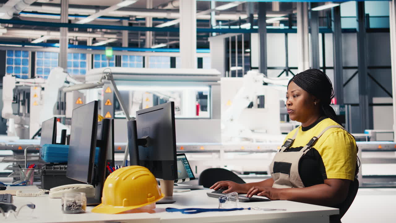 Vertical Video Engineer configures solar panel systems on PC in modern factory