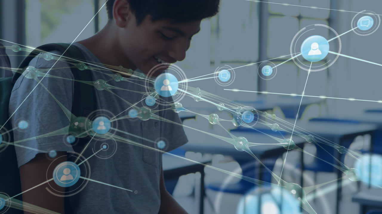 animación de la red de conexiones con iconos sobre un adolescente biracial que usa un teléfono inteligente