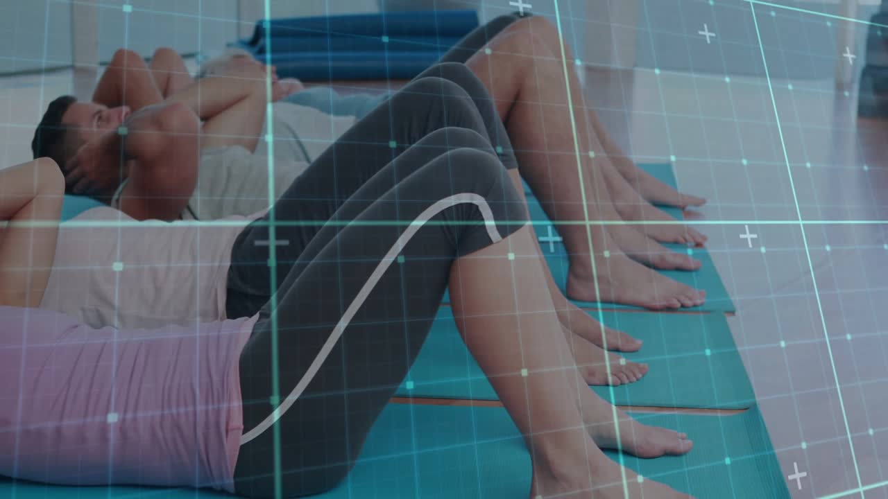 Trio performing crunches on mats after instructor cue, grid overlay tracking reps for fitness