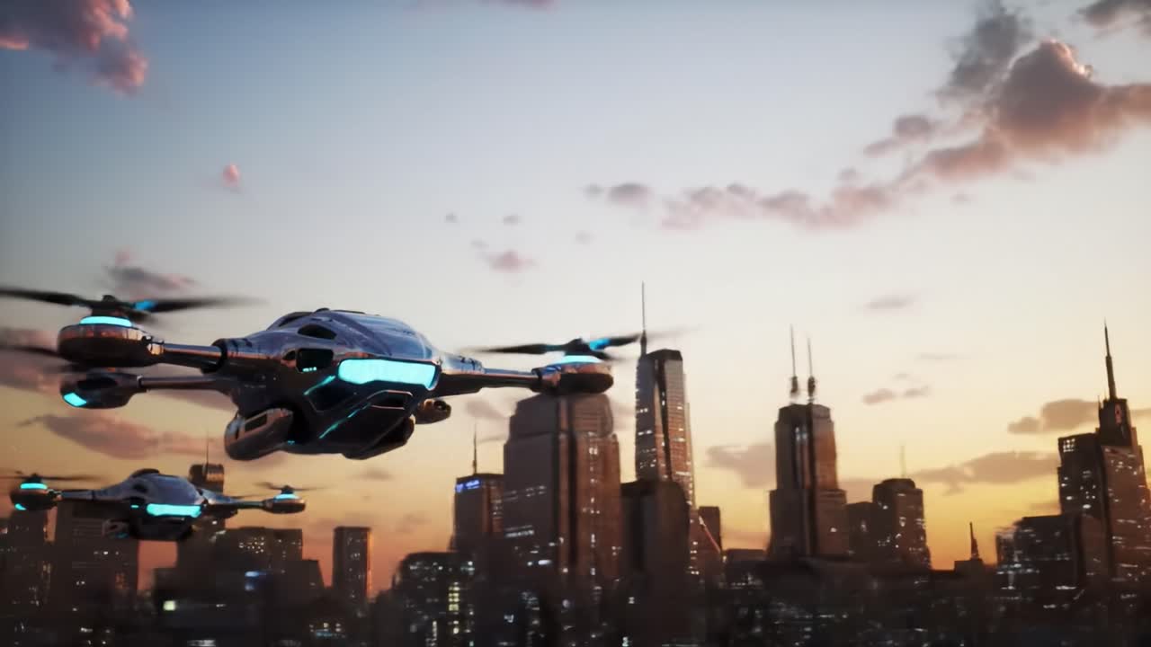 Two advanced drones navigate the skyline of a bustling city during sunset, highlighting both technological innovation and urban beauty. The vibrant colors illuminate the scene.