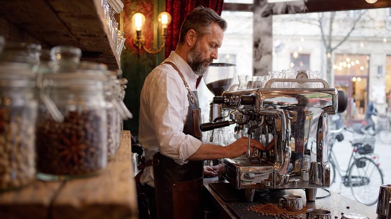 Incantevole caffetteria: barista che prepara infusi artigianali con ingredienti freschi e spezie aromatiche in un ambiente rustico dall'atmosfera accogliente.