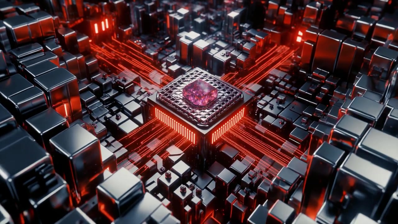 Centralprocessor med glödande röda dataströmmar i digitala kretsar