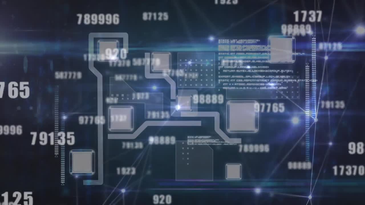 animación de la red de conexiones y procesamiento de datos a través de una placa de circuitos informáticos