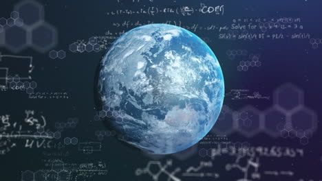 mathematical equations and chemical structures floating over globe against blue background