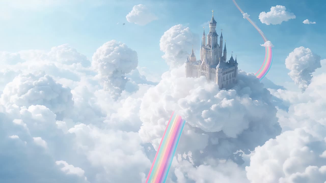Camera si avvicina a castello di pietra fiabesco su un'isola tra le nuvole per rivelare guglie e un sentiero arcobaleno
