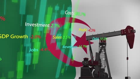 Animation-of-financial-data-processing-and-flag-of-algeria-over-oil-pump