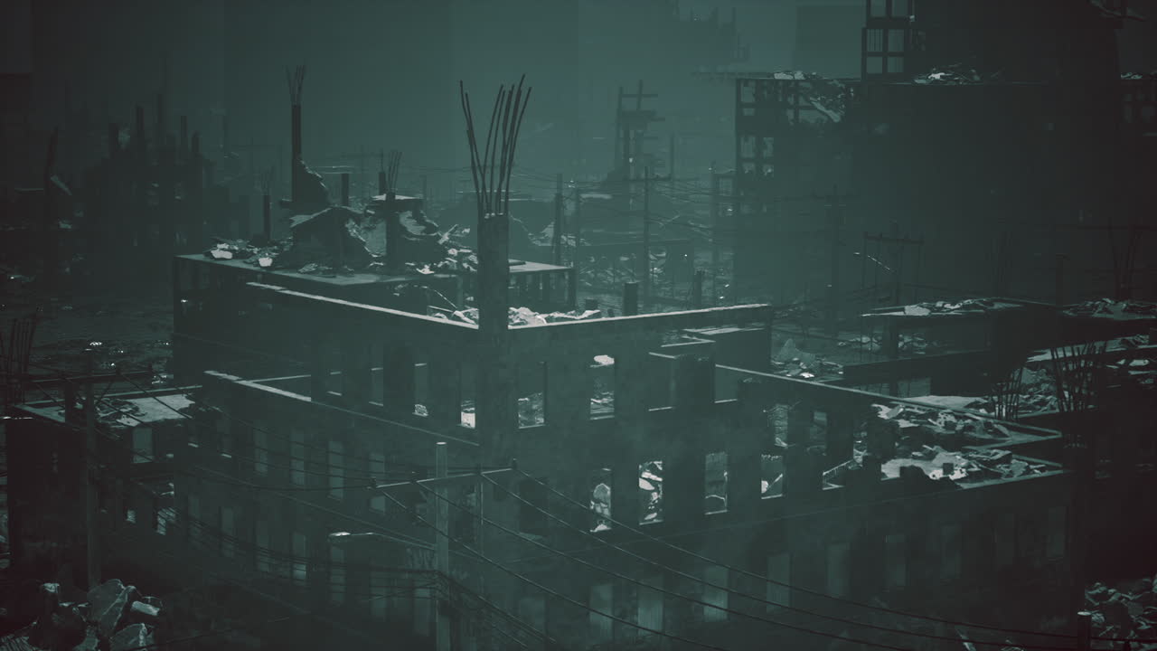 Destruction of urban landscape following a catastrophic event at night