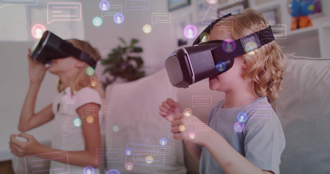 Two kids sitting on sofa gesturing and adjusting VR headsets causing floating UI guiding technology