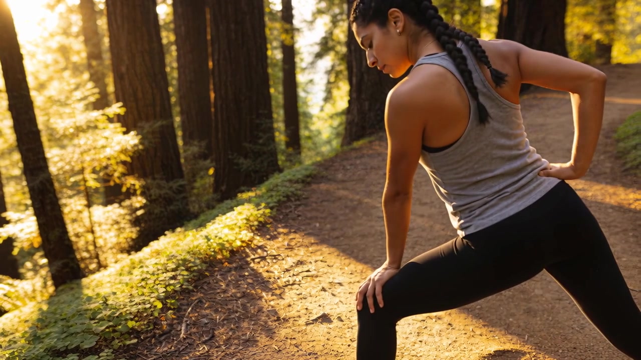 Starting left leg forward, runner stretching in lunge on dirt trail, in grey tank, copy space