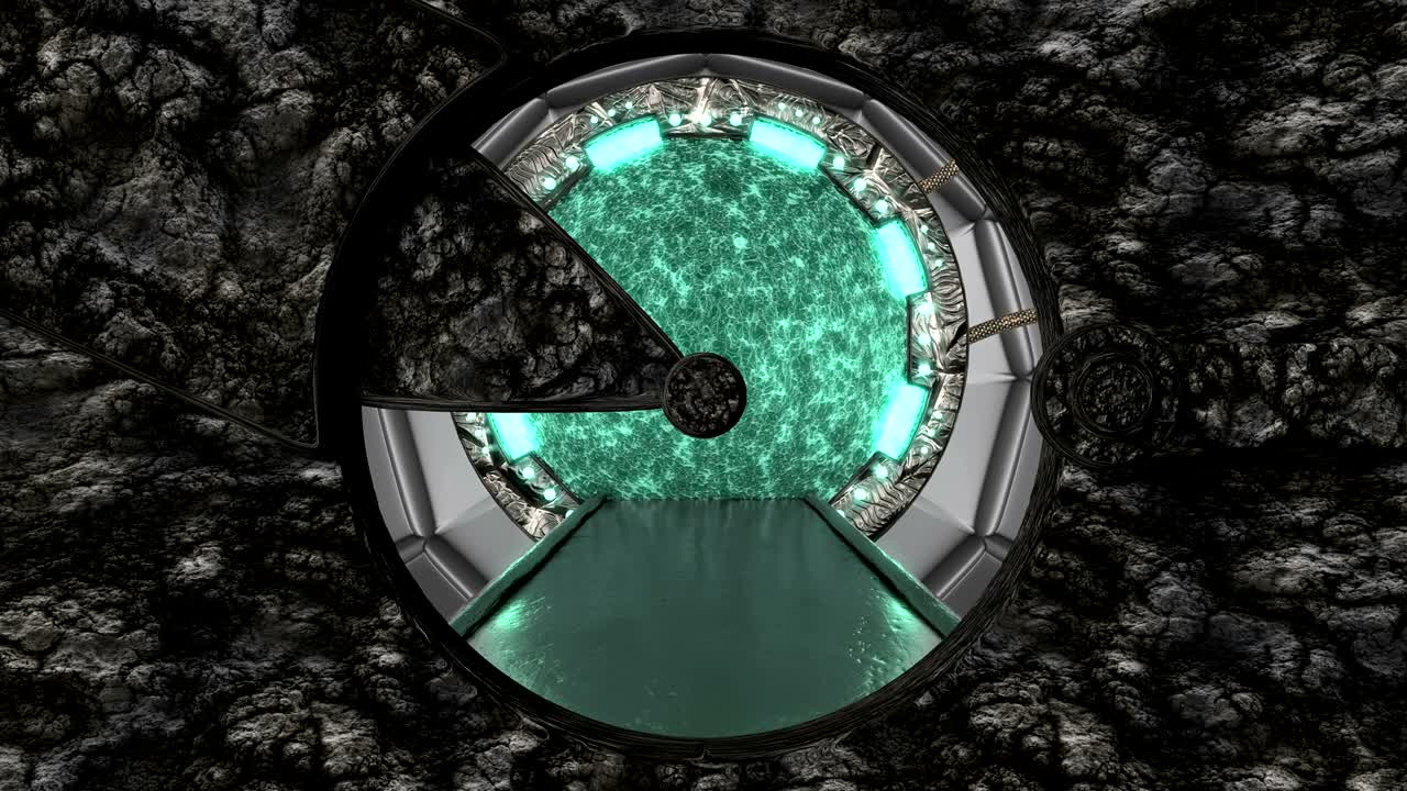 돌로 된 금속 치는 우주선 풍경 장면에 대한 파노라마 뷰를 열고, 포털과 함께 공상 과학 복도의 3d 추상적인 배경, 기술 제목과 배경에 대한 미래 기술 추상적인 vj.