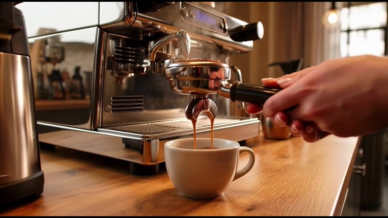 Barista che prepara un caffè espresso con una macchina da caffè professionale.