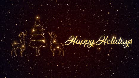 beautiful seasonal animated motion graphic of reindeers and christmas tree depicted in glittering particles on a starry background, with the seasonal message �happy holidays� appearing