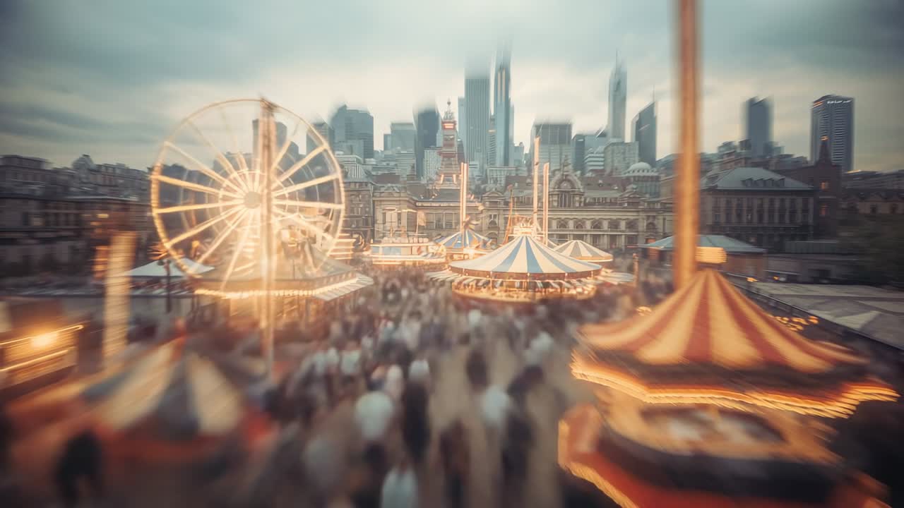 Camera holding steady showing rotating Ferris wheel and carousel at river fair, with string lights