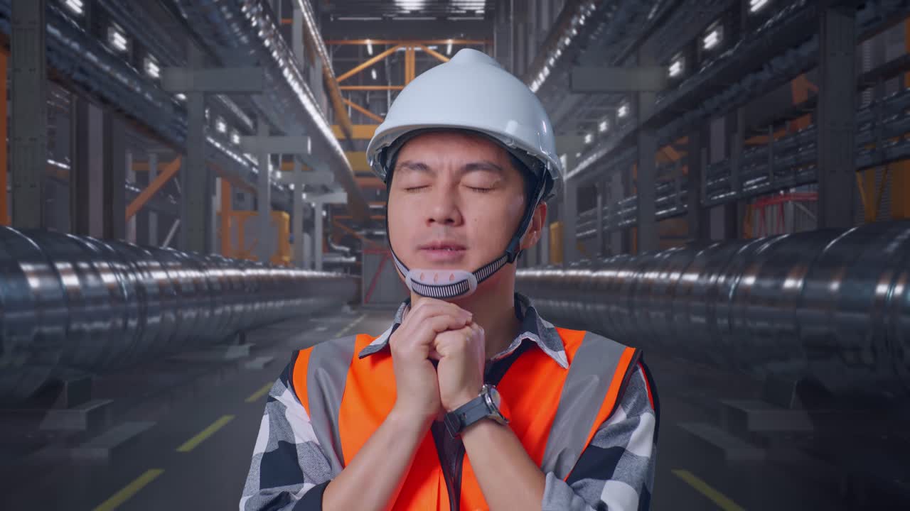 Close Up Of Asian Male Engineer With Safety Helmet Pray For Something While Standing With Metal Pipes