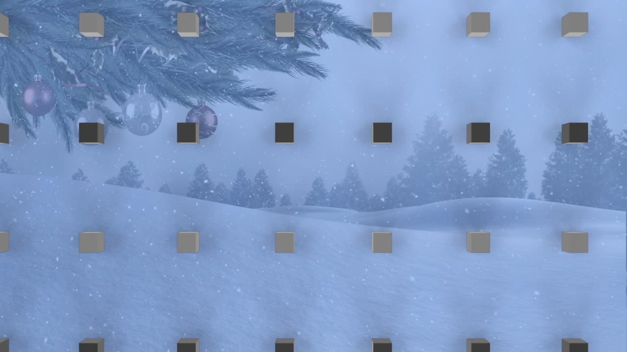 큐브 패턴과 크리스마스 눈이 겨울 풍경 위에 떨어지는 줄의 애니메이션