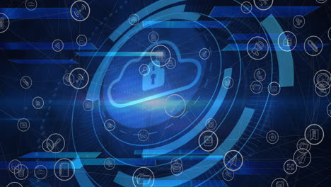animation of cloud icon and data processing over media icons