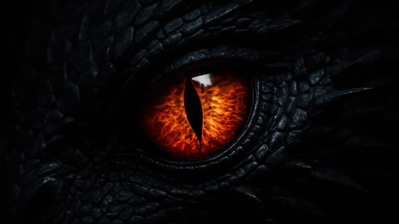 Close-up of a dragon's fiery eye, capturing intricate scales