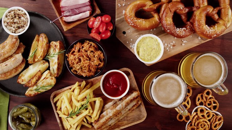 Banquete de comida alemana con cerveza y pretzels