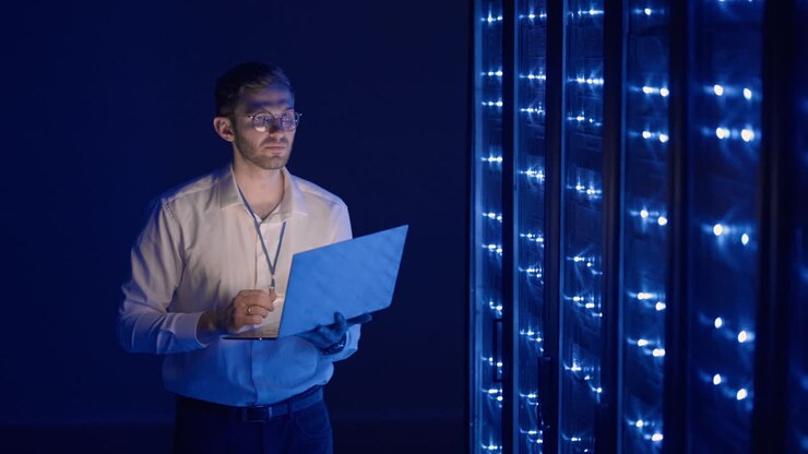 Un ingegnere di rete esegue un controllo del sistema, in piedi nella sala server con il suo laptop. In un data center, specialisti di server ispezionano il funzionamento del sistema e l'hardware dei cabinet dei server rack.