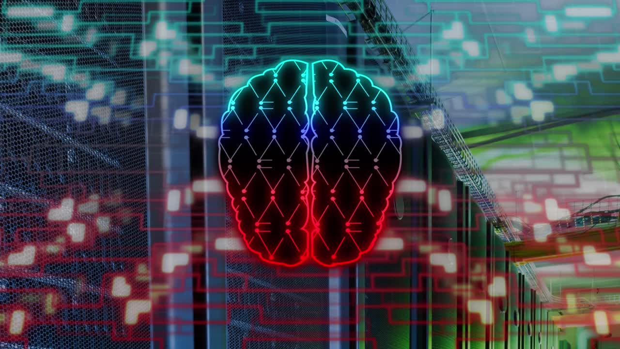 animación del cerebro humano, conexiones y procesamiento de datos a través de placas de circuitos y servidores.