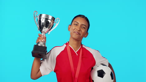 sports trophy, kiss or woman happy for soccer