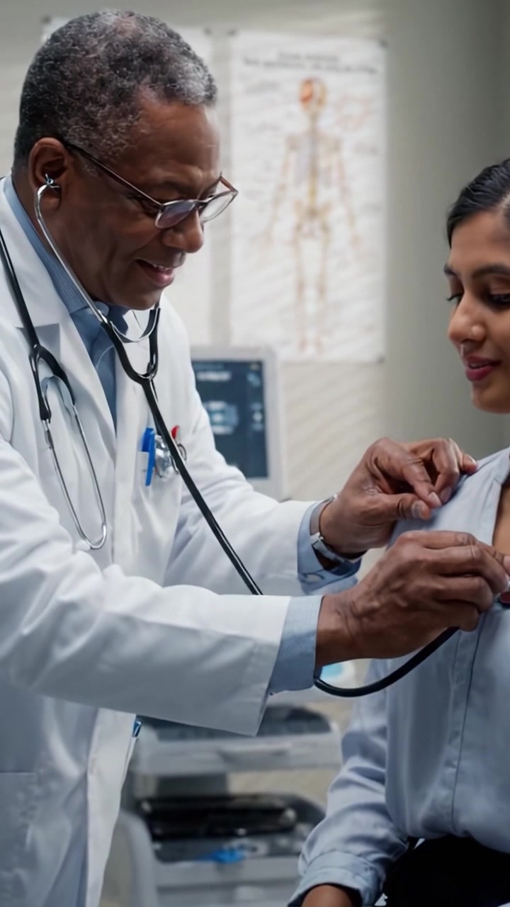 Engaging Consultation in a Medical Office: A Doctor Discusses Health Matters with a Patient Amidst Anatomical Charts and Medical Equipment