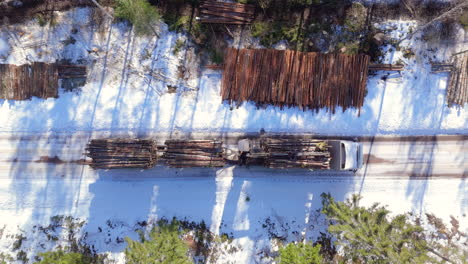 Camión-Con-Remolque-Transporta-Troncos-De-árboles-Talados-En-Un-Camino-Forestal-Nevado