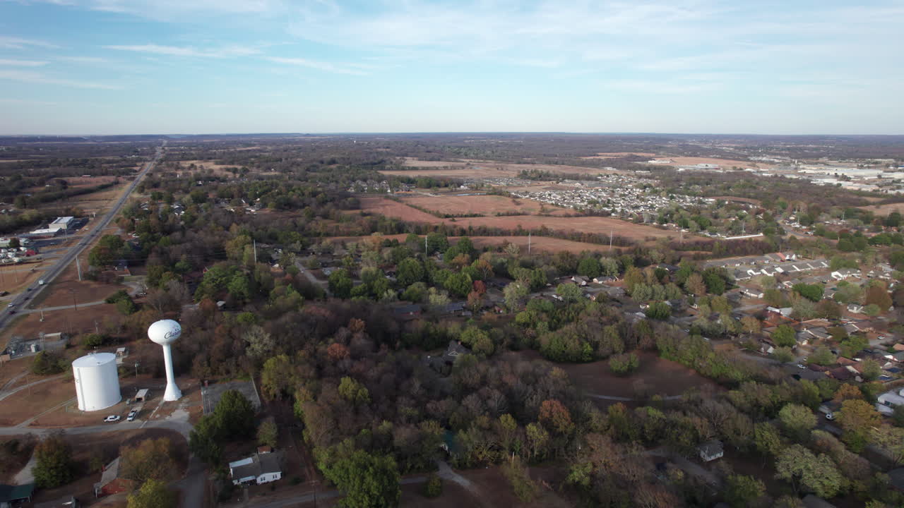 High angle view of Claremore, Oklahoma. Small town, USA along Route 66, drone shot