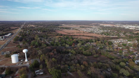 high angle view of claremore, oklahoma. small town, usa along route 66, drone shot