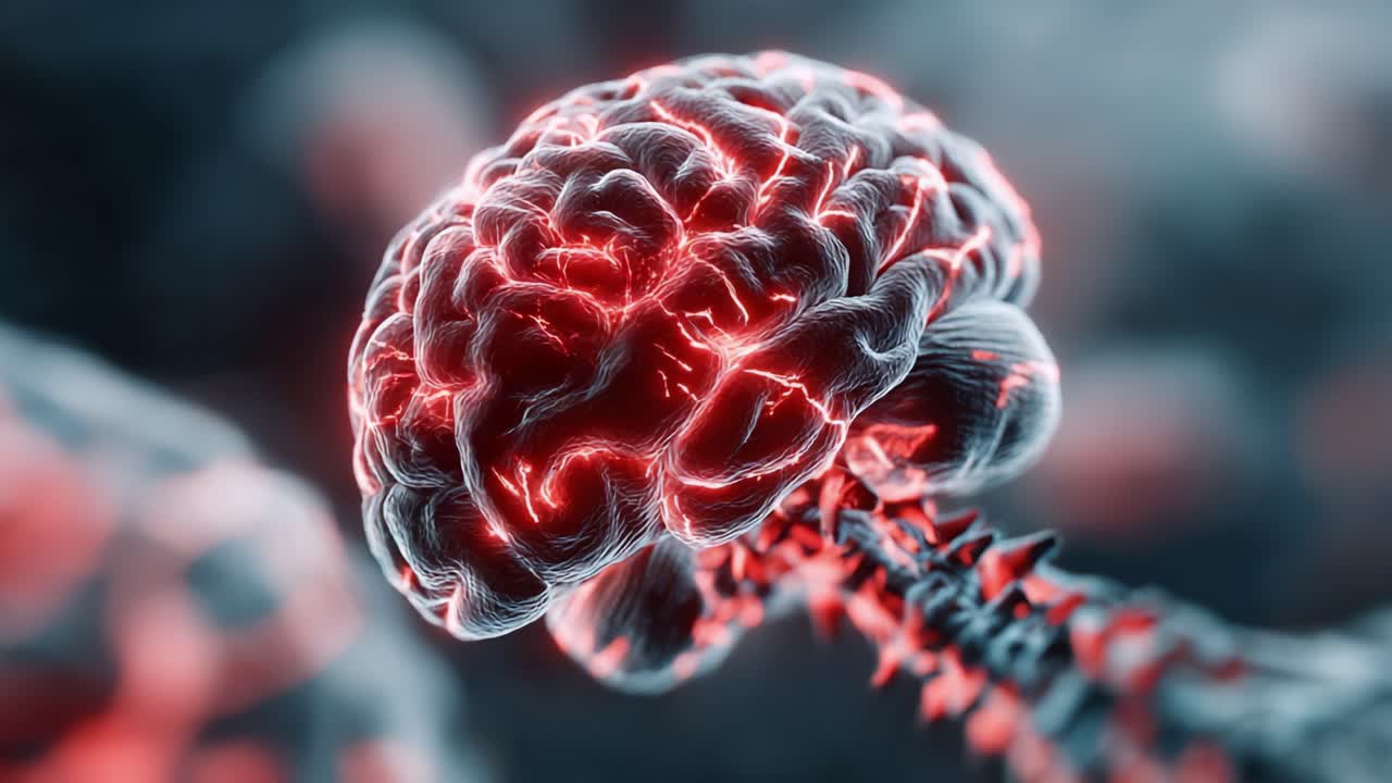 En fängslande inblick i den mänskliga hjärnan med neurala förbindelser markerade i slående rött, med fokus på komplexiteten och skönheten hos neurologiska strukturer.