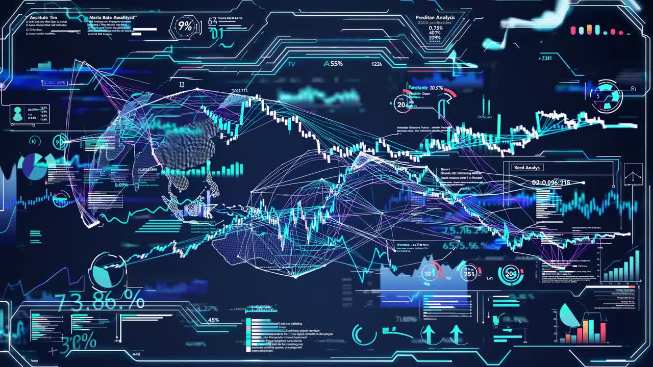 Futuristic video concept with a dynamic, high-angle view of digital data visualizations