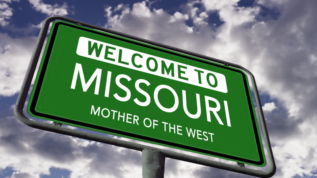 bienvenido a missouri, estado de estados unidos señal de carretera, madre del oeste apodo, animación 3d realista