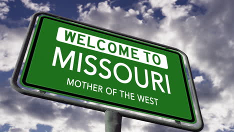 welcome to missouri, usa state road sign, mother of the west nickname, realistic 3d animation