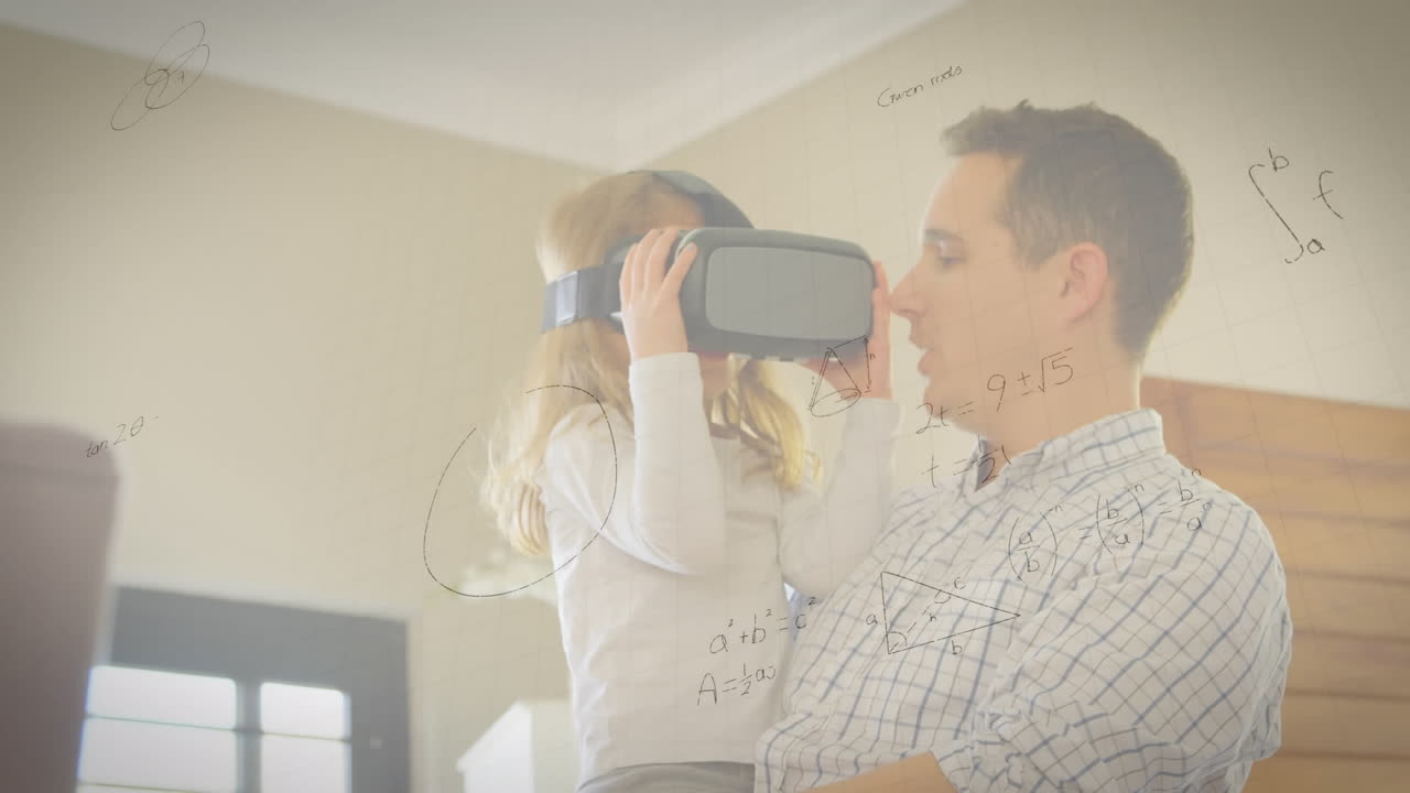 animación de dibujos matemáticos y ecuaciones sobre padre e hija usando auriculares vr