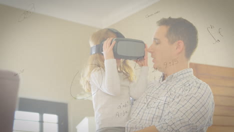animación de dibujos matemáticos y ecuaciones sobre padre e hija usando auriculares vr